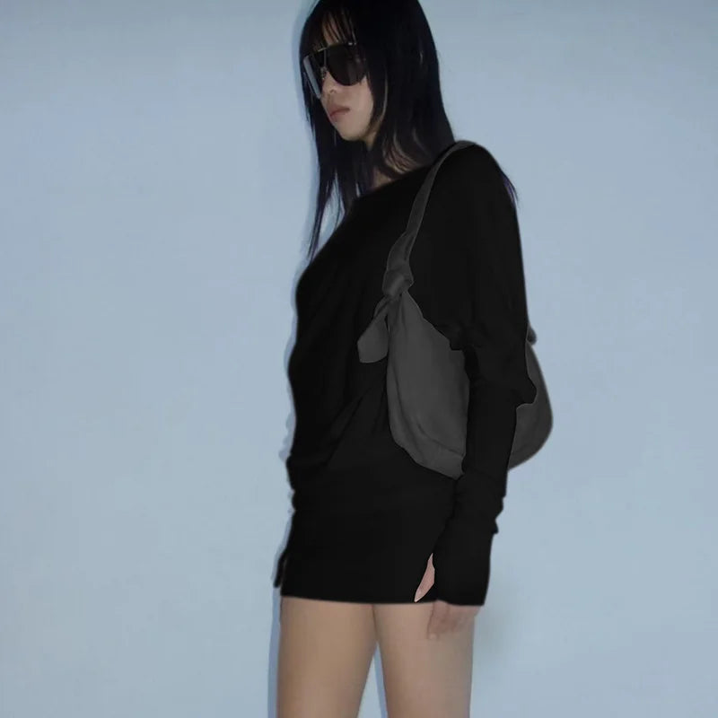 Off Shoulder Sexy Mini Dress Women Oblique Neck Long Sleeve Bodycon Dress Fall Winter Sexy Short Party Club Dresses