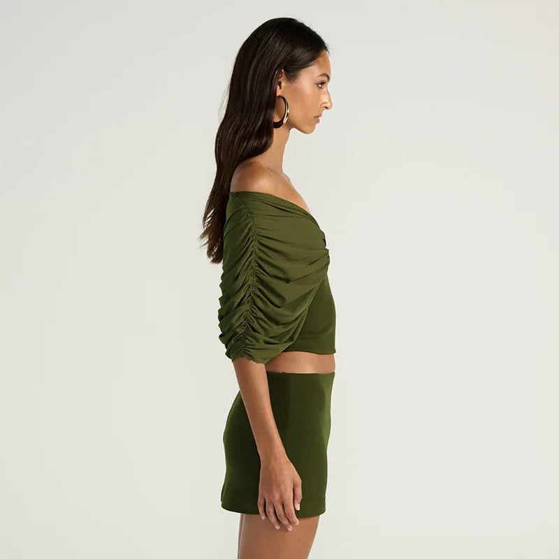 Summer Vintage Elegant 2 Piece Set Women One Shoulder Off Backless Ruched Waist Pleated Casual Suit