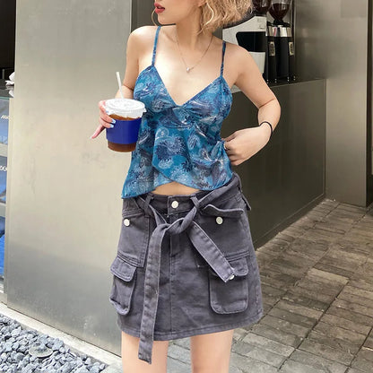 Mesh See Through Printed Vest Women Sexy Casual V-neck Sleeveless Suspender Camisole Patchwork Tank Top Streetwear