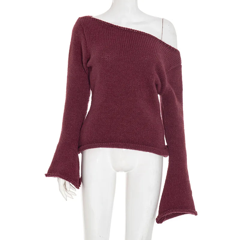 Casual Pullover Women Long Sleeve Y2K Knitted Sweater Tops Sexy Off Shoulder Club Fashion 2025 Winter Jumpers Sweater