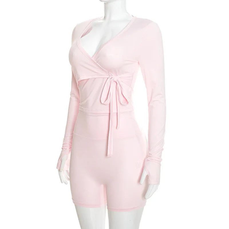 Autumn New Women Two Piece Set Solid Color Wrap Tie Long Sleeve Top Shorts Casual Outfit Suit