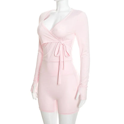 Autumn New Women Two Piece Set Solid Color Wrap Tie Long Sleeve Top Shorts Casual Outfit Suit