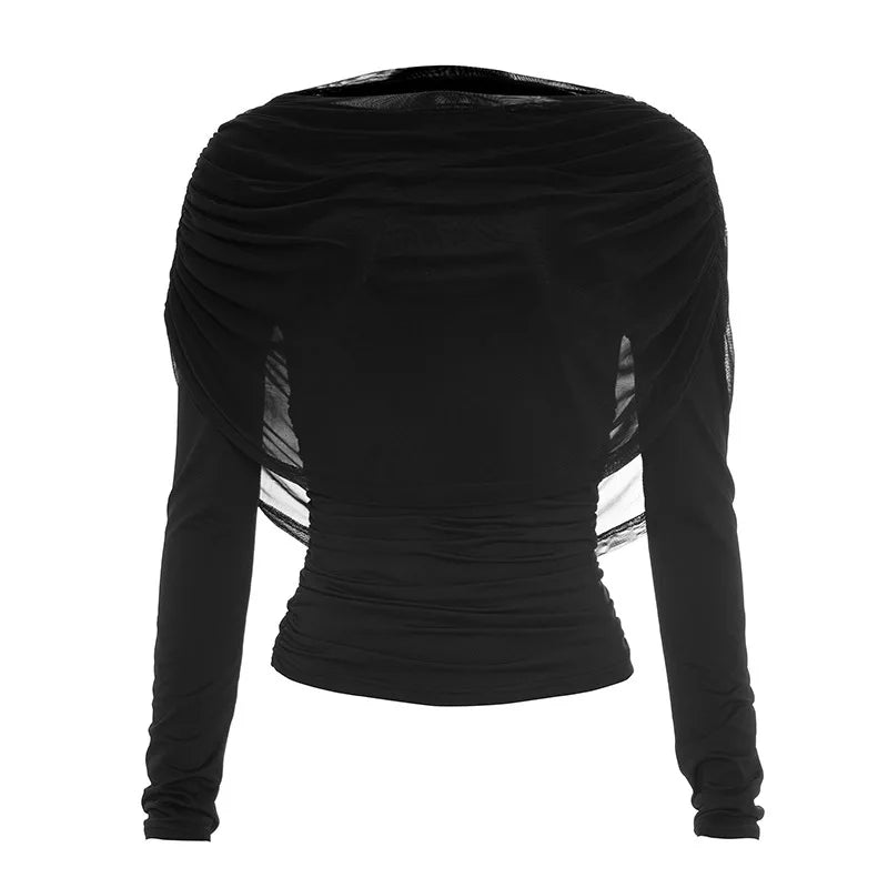 2026 Spring Summer Women Long Sleeve T-Shirt Draped Collar Pleated Shawl Slim Fit Stretch Tops Elegant Casual Daily Wear Top