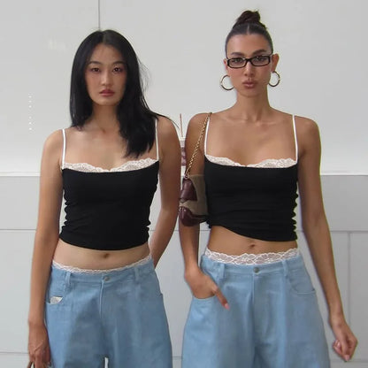 Women Y2K Sexy Color Block Splicing Off Shoulder Fake Two Piece Cami Top