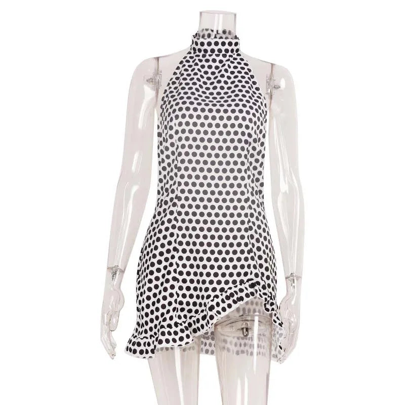 2026 Summer Polka Dot Halter Dress Women High Waist Backless Mini Dress Casual Party Short Dresses