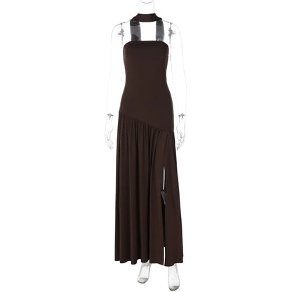 Women Solid Color Strapless Dress Slim Fit Split Backless Elegant Ribbon Midi Dress Fashion Evening Party Formal Dresses