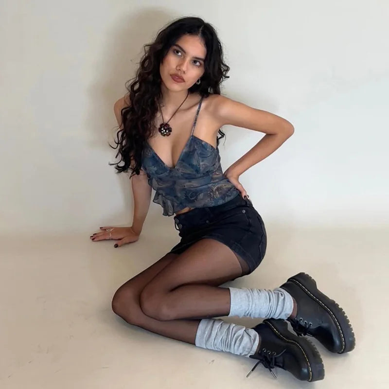 Mesh See Through Printed Vest Women Sexy Casual V-neck Sleeveless Suspender Camisole Patchwork Tank Top Streetwear