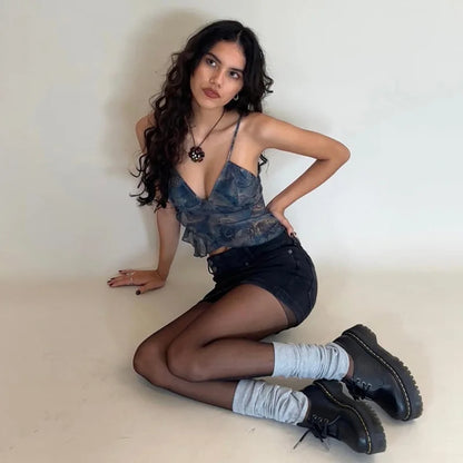 Mesh See Through Printed Vest Women Sexy Casual V-neck Sleeveless Suspender Camisole Patchwork Tank Top Streetwear