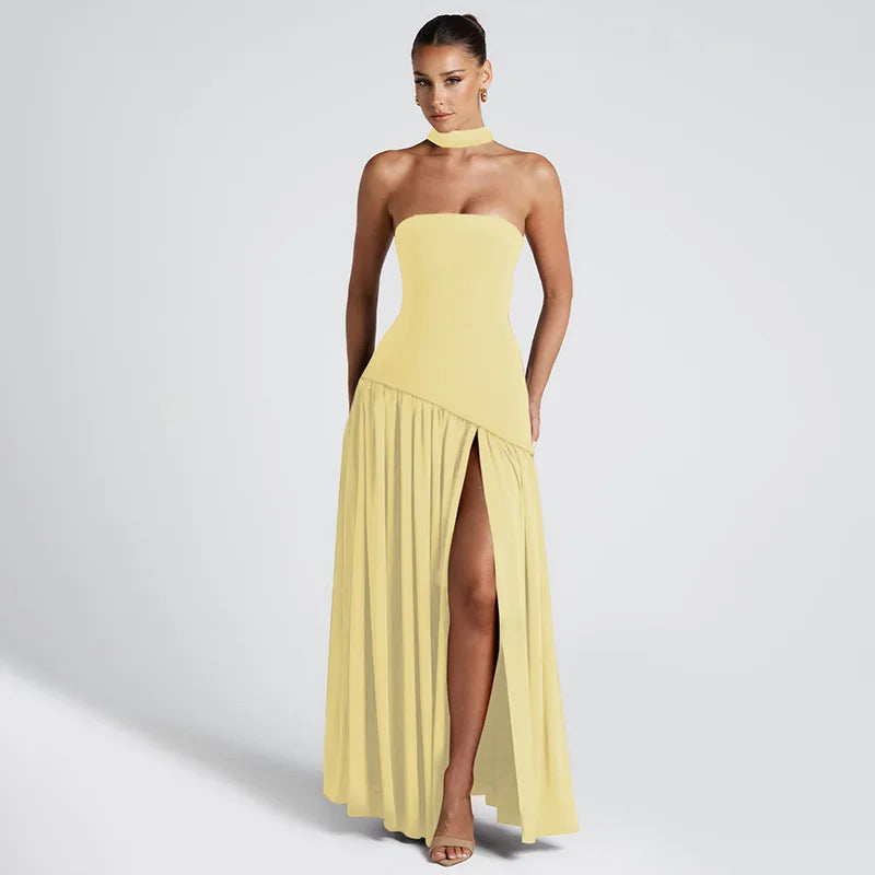 Women Solid Color Strapless Dress Slim Fit Split Backless Elegant Ribbon Midi Dress Fashion Evening Party Formal Dresses