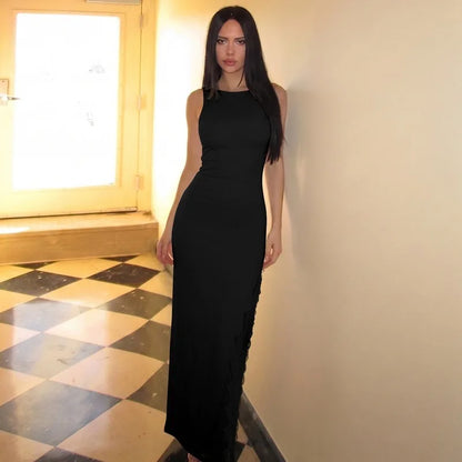2026 Summer Women Lace Trim Split Dress Sexy Backless Sleeveless Long Dress Party Maxi Dress