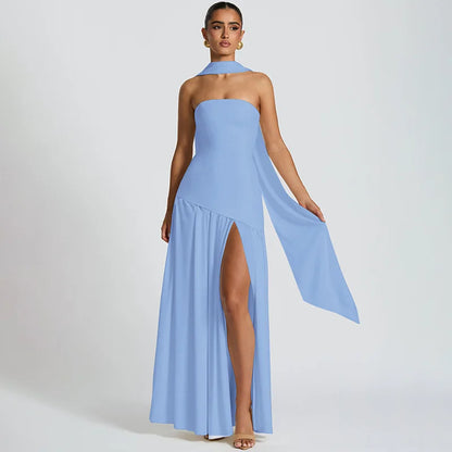Women Solid Color Strapless Dress Slim Fit Split Backless Elegant Ribbon Midi Dress Fashion Evening Party Formal Dresses