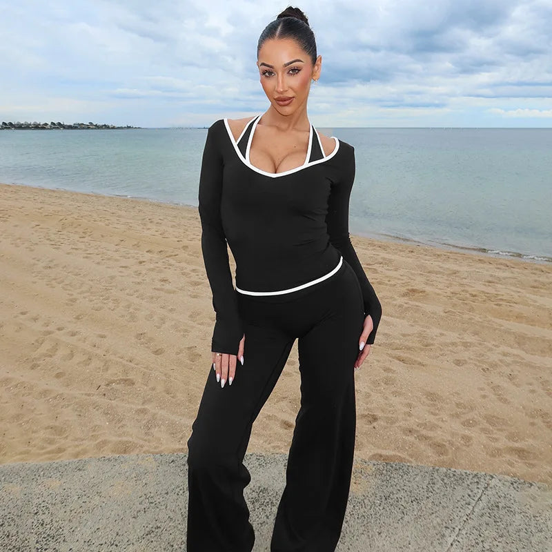 Cross Border Autumn Women's Clothing From Europe And America, New Color Blocking V-neck Long Sleeved Straight Leg Pants Set For