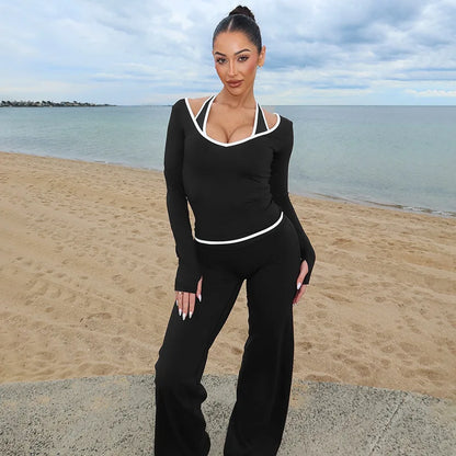 Cross Border Autumn Women's Clothing From Europe And America, New Color Blocking V-neck Long Sleeved Straight Leg Pants Set For