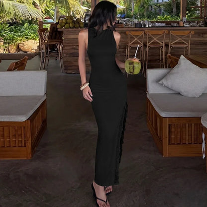 2026 Summer Women Lace Trim Split Dress Sexy Backless Sleeveless Long Dress Party Maxi Dress