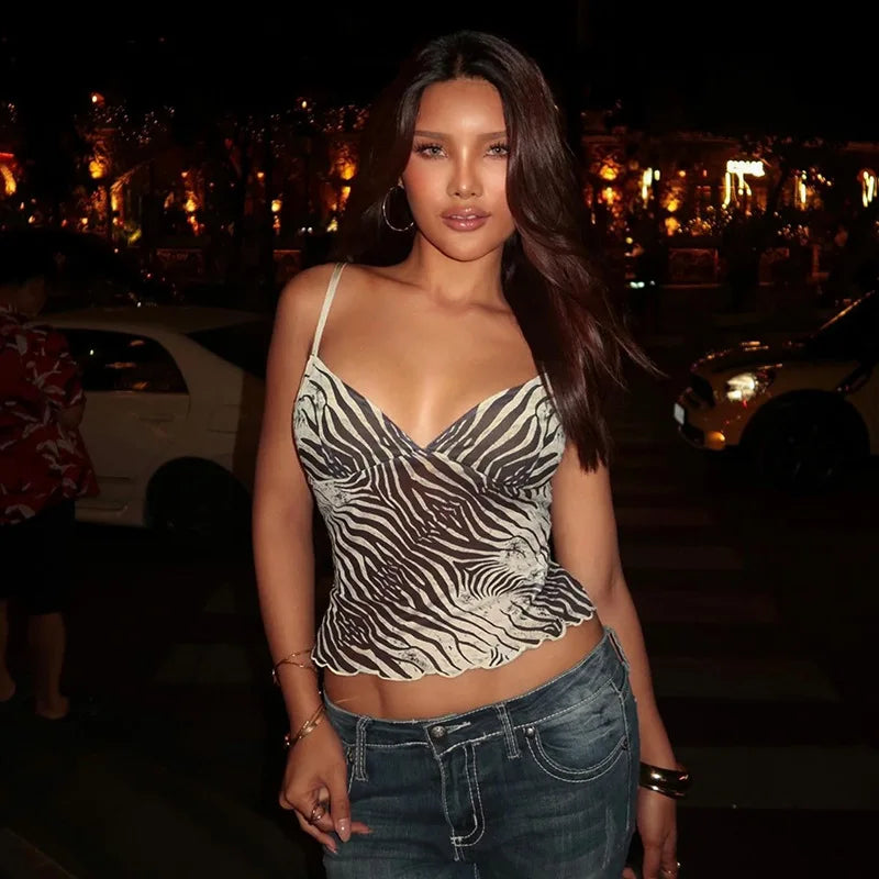 Women Summer Mesh Zebra Print V Neck Mesh Cami Tops