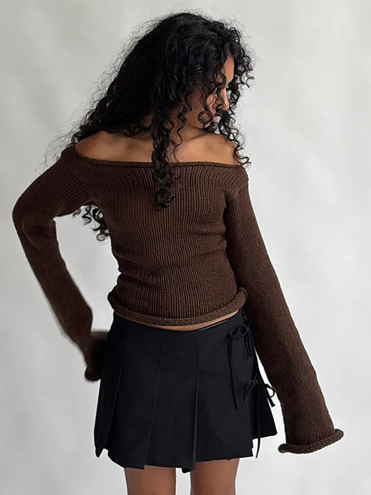 Casual Pullover Women Long Sleeve Y2K Knitted Sweater Tops Sexy Off Shoulder Club Fashion 2025 Winter Jumpers Sweater
