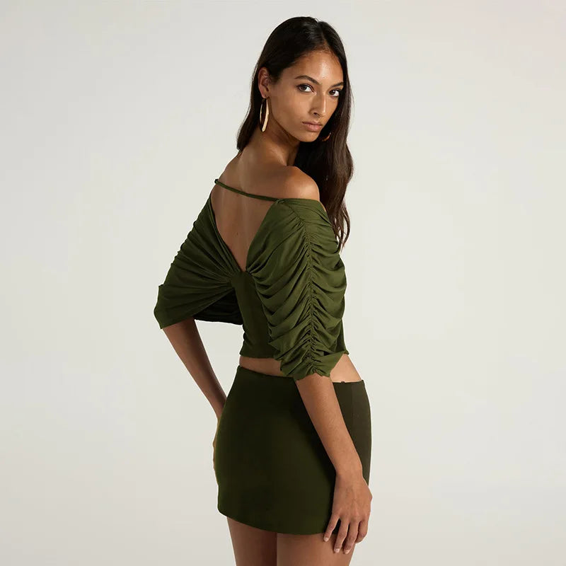 Summer Vintage Elegant 2 Piece Set Women One Shoulder Off Backless Ruched Waist Pleated Casual Suit