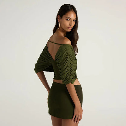 Summer Vintage Elegant 2 Piece Set Women One Shoulder Off Backless Ruched Waist Pleated Casual Suit