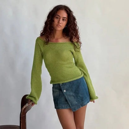 Casual Pullover Women Long Sleeve Y2K Knitted Sweater Tops Sexy Off Shoulder Club Fashion 2025 Winter Jumpers Sweater