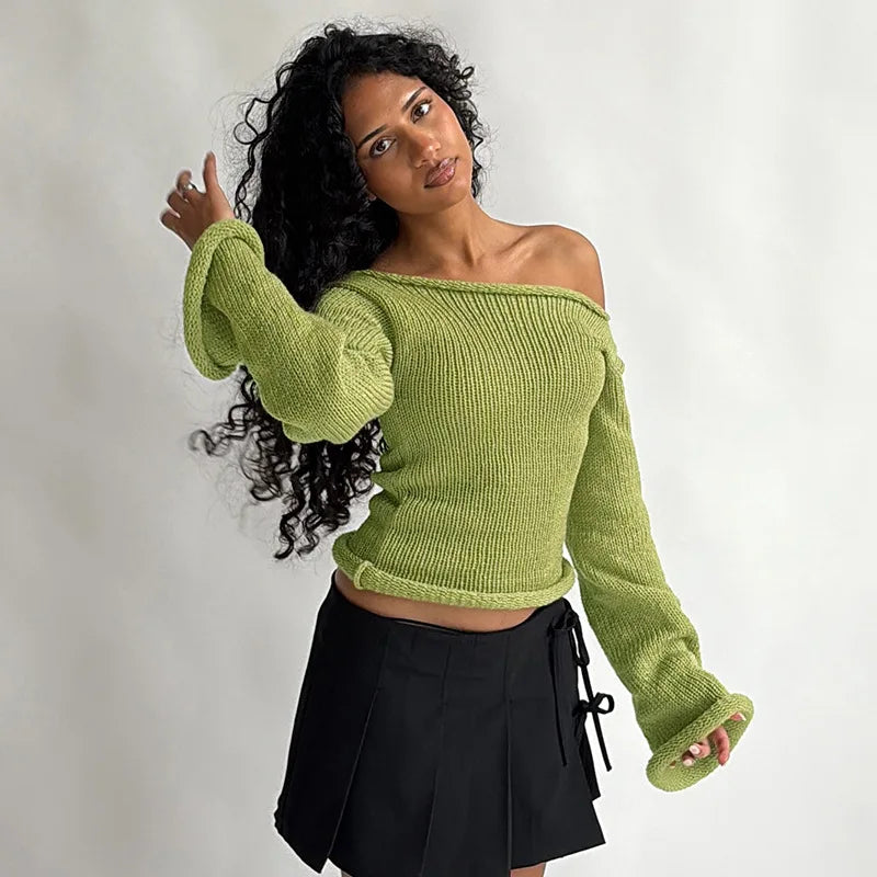 Casual Pullover Women Long Sleeve Y2K Knitted Sweater Tops Sexy Off Shoulder Club Fashion 2025 Winter Jumpers Sweater
