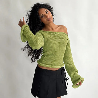 Casual Pullover Women Long Sleeve Y2K Knitted Sweater Tops Sexy Off Shoulder Club Fashion 2025 Winter Jumpers Sweater