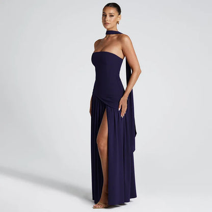 Women Solid Color Strapless Dress Slim Fit Split Backless Elegant Ribbon Midi Dress Fashion Evening Party Formal Dresses