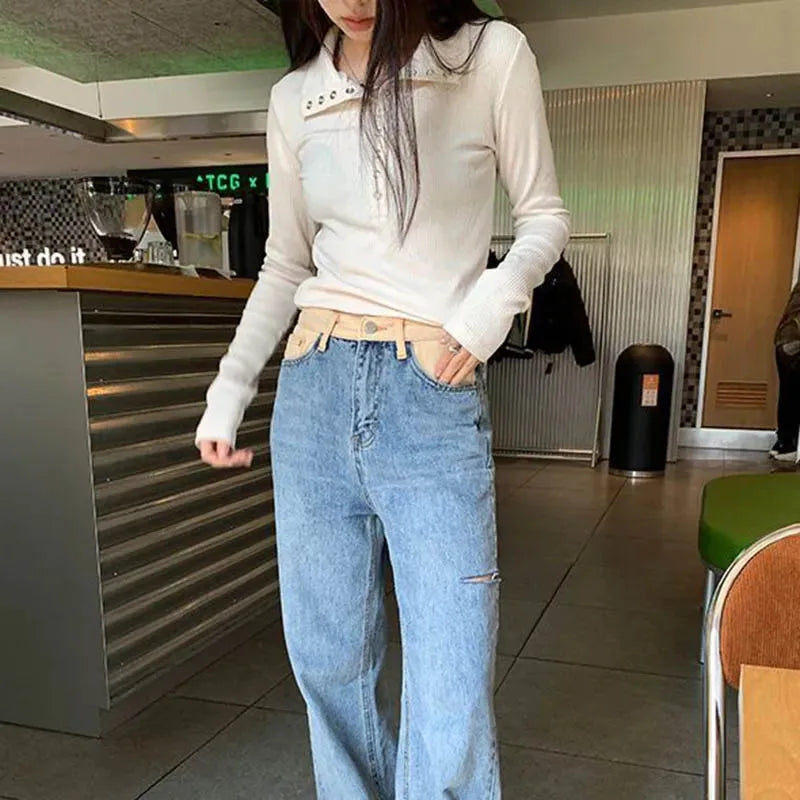 Women's Y2K Knitted Sweater Long Sleeve Slim Fit Pullover Top for Autumn Winter Versatile Bottoming Layer All Match Design