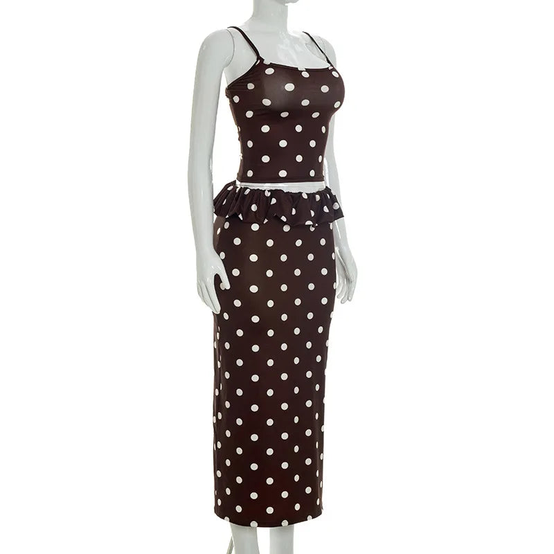 2026 Summer Women Hot Girl Polka Dot Cami Skirt Set Ruffle Split Hem Midi Skirt Two Piece Outfit Trendy Female Holiday Beach Mat