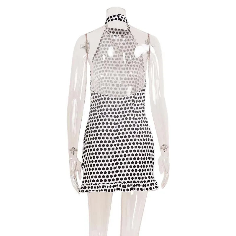 2026 Summer Polka Dot Halter Dress Women High Waist Backless Mini Dress Casual Party Short Dresses