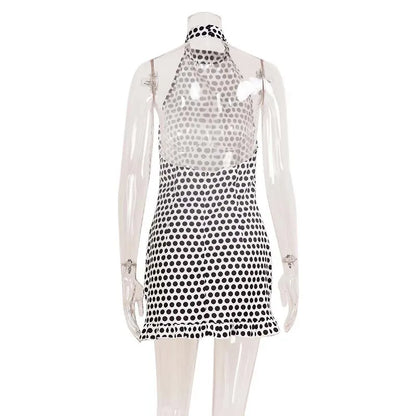 2026 Summer Polka Dot Halter Dress Women High Waist Backless Mini Dress Casual Party Short Dresses