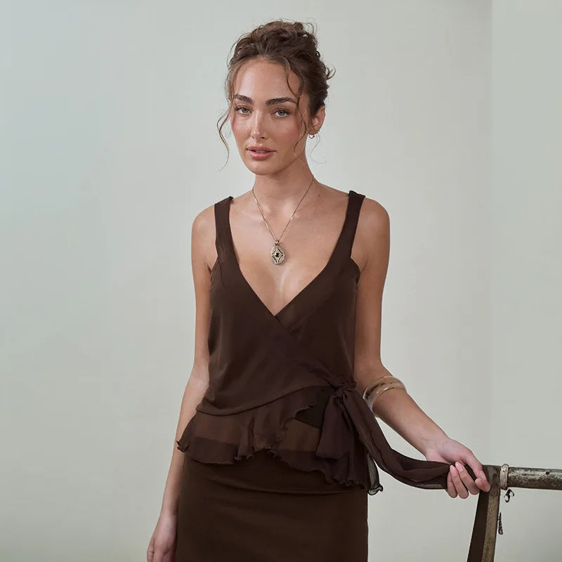 Summer Women 2 Piece Dress Set Lace Trim Camisole Backless Bandage Mini Dress Casual Party Sundress