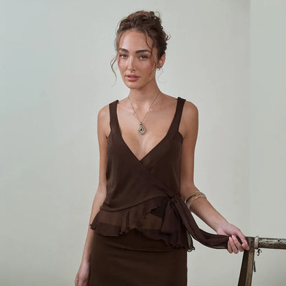 Summer Women 2 Piece Dress Set Lace Trim Camisole Backless Bandage Mini Dress Casual Party Sundress