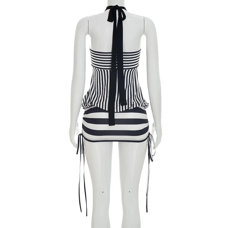 Women Summer Sexy Strapless Striped Bandage Waist Mini Dress Slim Bodycon Short Party Dresses