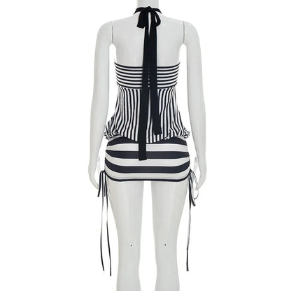 Women Summer Sexy Strapless Striped Bandage Waist Mini Dress Slim Bodycon Short Party Dresses