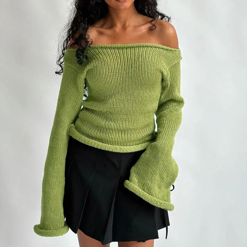 Casual Pullover Women Long Sleeve Y2K Knitted Sweater Tops Sexy Off Shoulder Club Fashion 2025 Winter Jumpers Sweater
