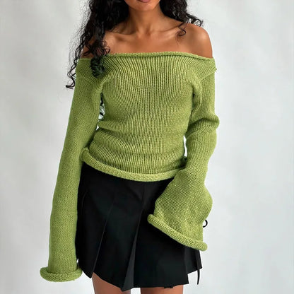 Casual Pullover Women Long Sleeve Y2K Knitted Sweater Tops Sexy Off Shoulder Club Fashion 2025 Winter Jumpers Sweater