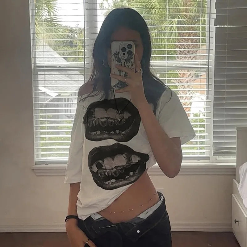 American Street Hip Hop Mouth Print Loose T-shirt Women Personalized Casual Top
