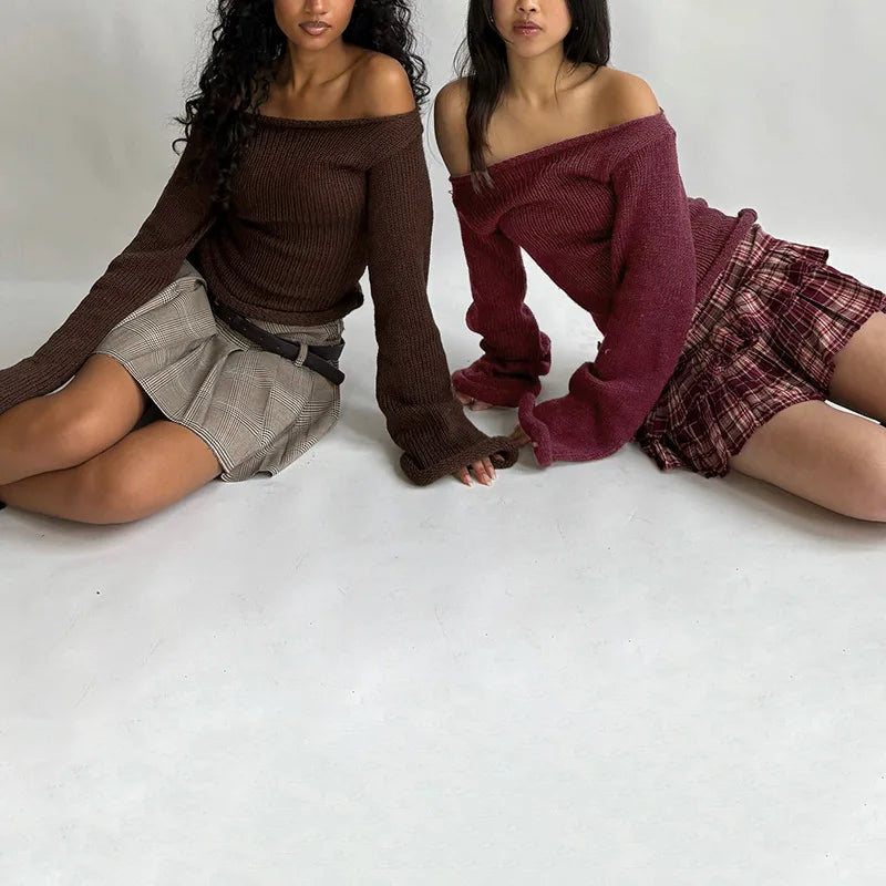Casual Pullover Women Long Sleeve Y2K Knitted Sweater Tops Sexy Off Shoulder Club Fashion 2025 Winter Jumpers Sweater