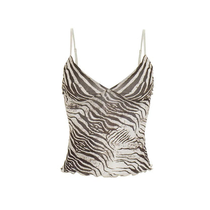 Women Summer Mesh Zebra Print V Neck Mesh Cami Tops