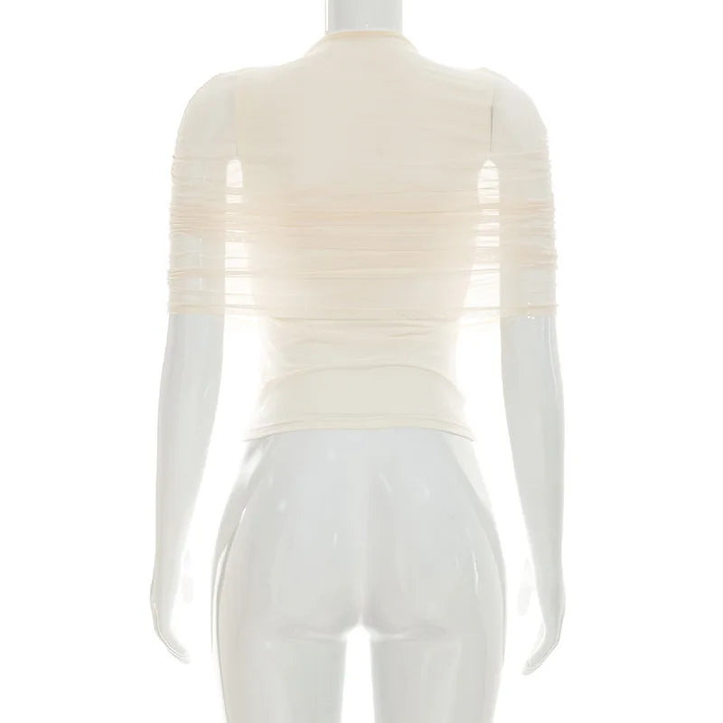 Women Spring Summer Pullover Cap Sleeve Ruched Mesh Patchwork Tops Slim Spliced Sheer Top