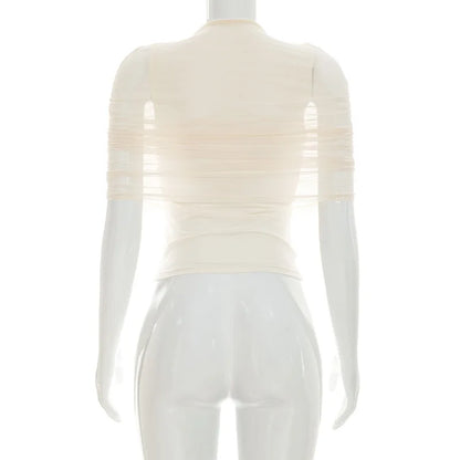 Women Spring Summer Pullover Cap Sleeve Ruched Mesh Patchwork Tops Slim Spliced Sheer Top