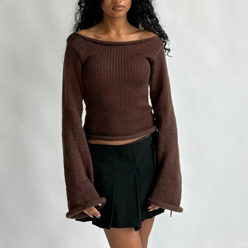 Casual Pullover Women Long Sleeve Y2K Knitted Sweater Tops Sexy Off Shoulder Club Fashion 2025 Winter Jumpers Sweater