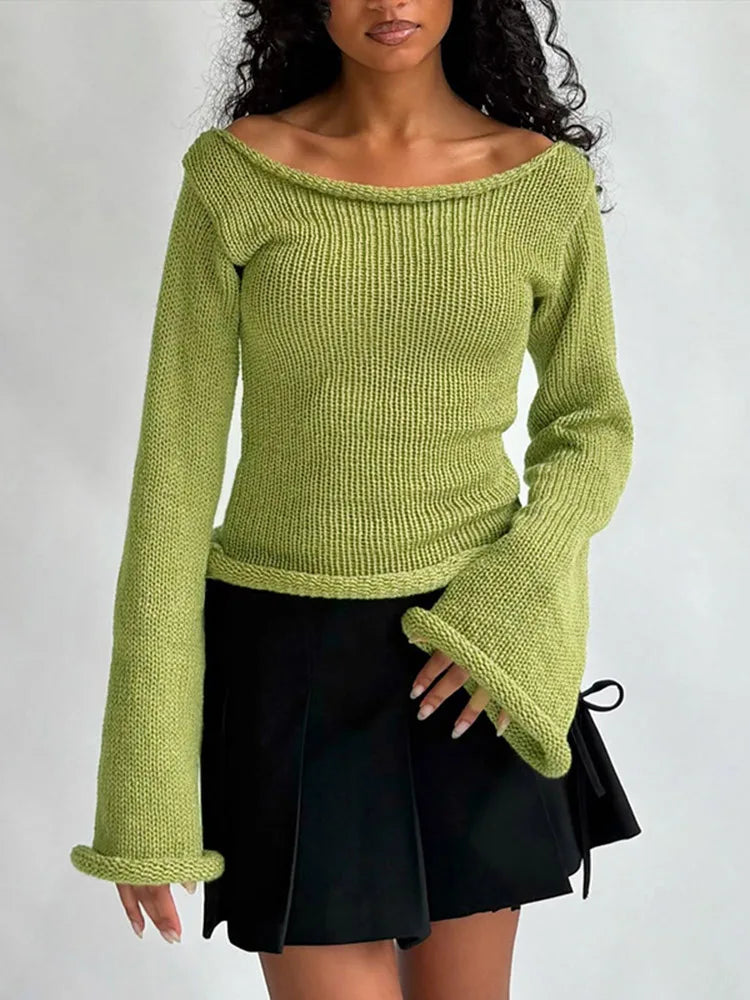 Casual Pullover Women Long Sleeve Y2K Knitted Sweater Tops Sexy Off Shoulder Club Fashion 2025 Winter Jumpers Sweater