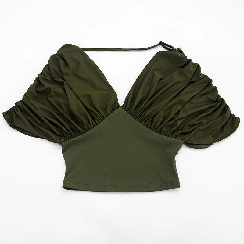 Summer Vintage Elegant 2 Piece Set Women One Shoulder Off Backless Ruched Waist Pleated Casual Suit