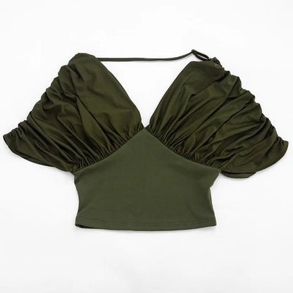 Summer Vintage Elegant 2 Piece Set Women One Shoulder Off Backless Ruched Waist Pleated Casual Suit