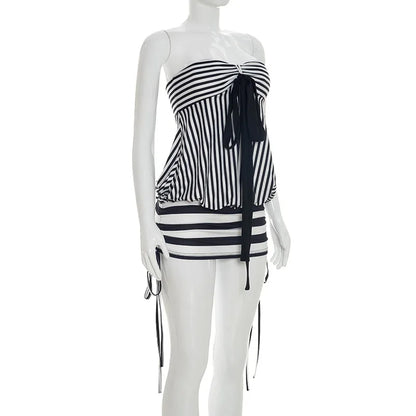 Women Summer Sexy Strapless Striped Bandage Waist Mini Dress Slim Bodycon Short Party Dresses