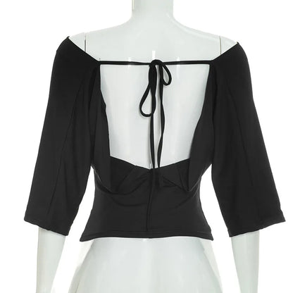 2026 Summer Women Sexy Off Shoulder 3/4 Sleeve Open Back Tie Up T Shirt Slim Fit Fashion Going Out Pullover Crop Tops Ladies