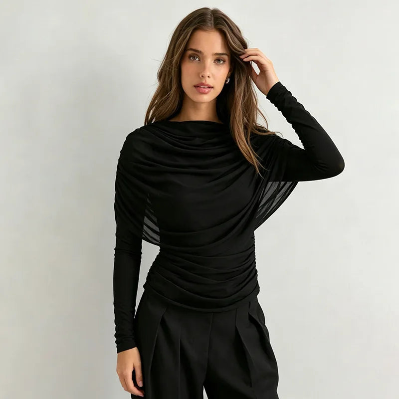 2026 Spring Summer Women Long Sleeve T-Shirt Draped Collar Pleated Shawl Slim Fit Stretch Tops Elegant Casual Daily Wear Top