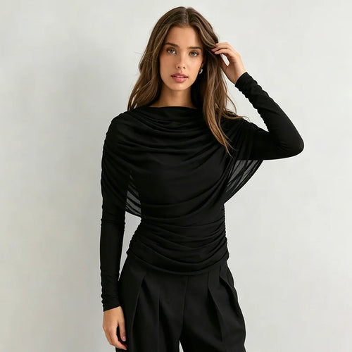 2026 Spring Summer Women Long Sleeve T-Shirt Draped Collar Pleated Shawl Slim Fit Stretch Tops Elegant Casual Daily Wear Top