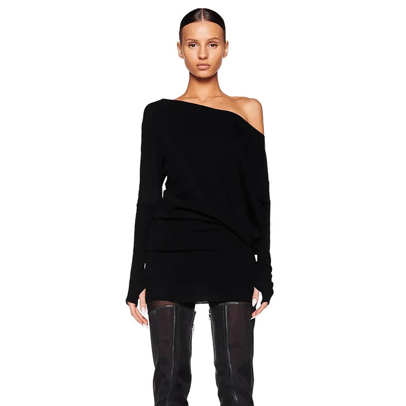 Off Shoulder Sexy Mini Dress Women Oblique Neck Long Sleeve Bodycon Dress Fall Winter Sexy Short Party Club Dresses